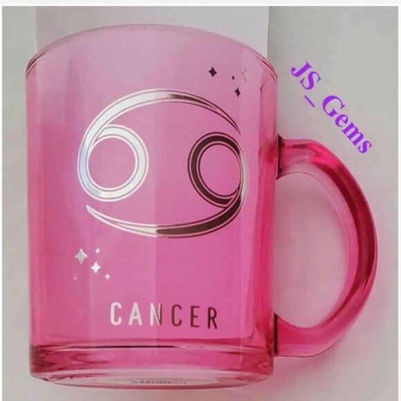 New Mug Glass Coffee Cancer Zodiac Astrology Pink Transparent Silver Star - Picture 1 of 14